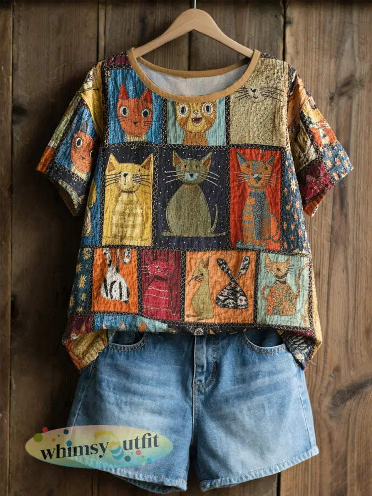 Retro katten voor dames print casual shirt - als foto / S