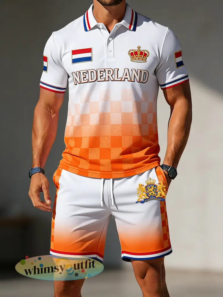 Retro King’s Day-gradiënt geruite casual polo-shorts voor heren - Sinaasappel / S