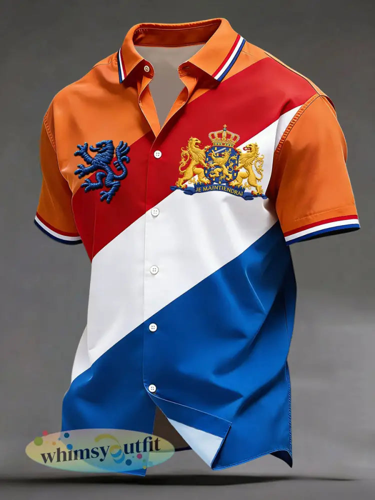 Retro koningsdag gestreept patchwork kunst casual shirt - Sinaasappel / S