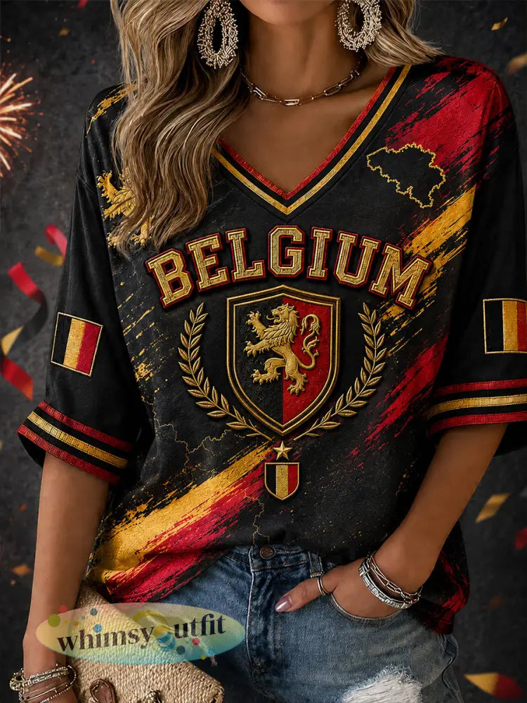 Retro kunstdruk ter ere van de Belgische nationale feestdag casual top - A / S