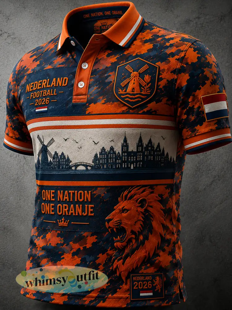 Retro Nederlands voetbal camouflage gestreept casual poloshirt - als foto / S