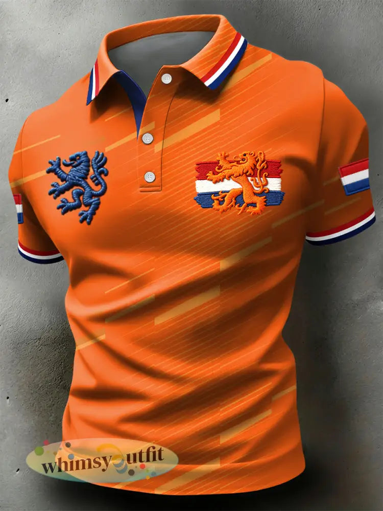 Retro Nederlandse koningsdag geometrisch gestreept casual poloshirt - Sinaasappel / S