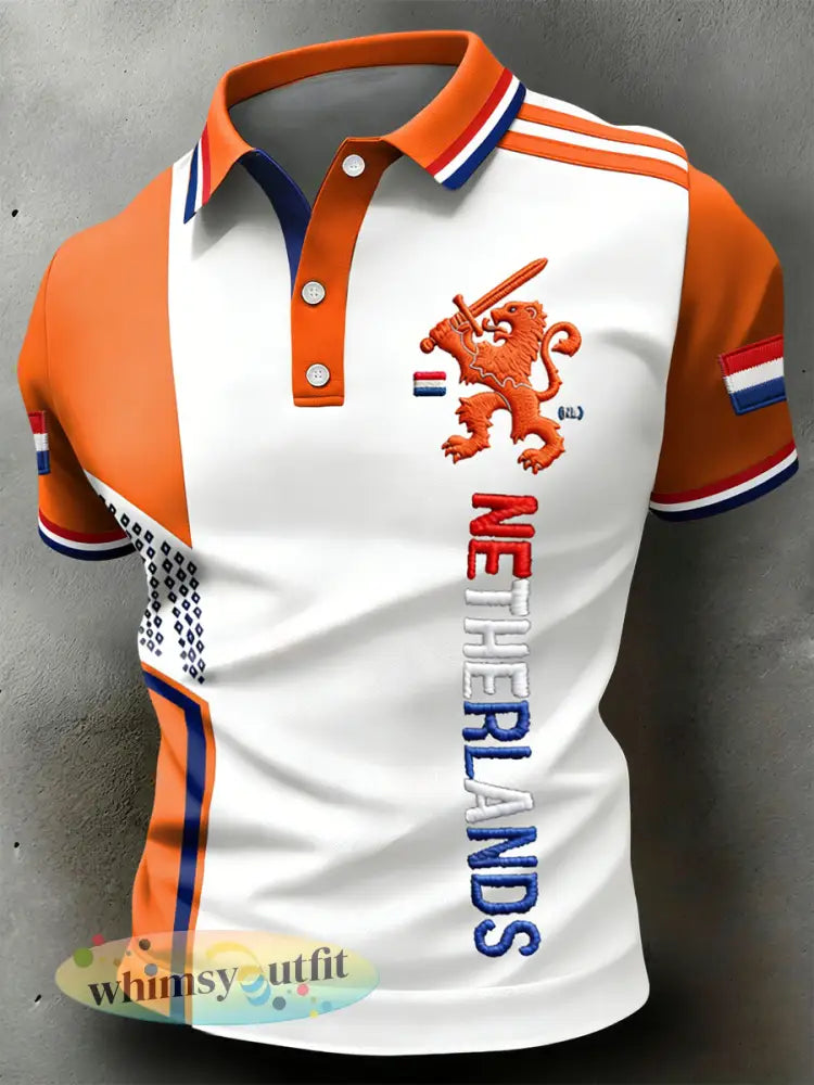 Retro Nederlandse Koningsdag Geometrisch Patchwork Casual Poloshirt - Sinaasappel / S