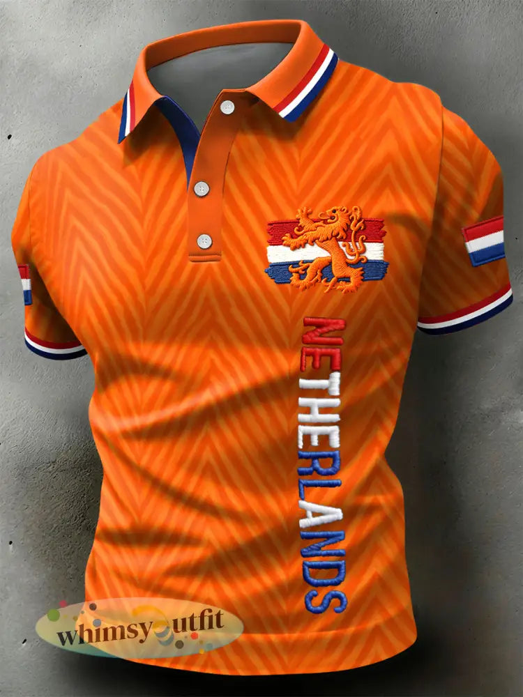 Retro Nederlandse Koningsdag Gestreept Art Casual Poloshirt - Sinaasappel / S