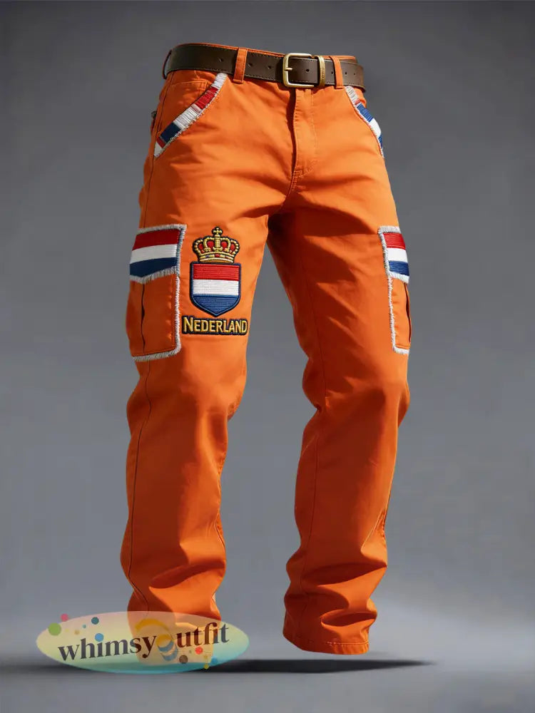 Retro Nederlandse Koningsdag Kunst Kroon Casual Werkbroek - Sinaasappel / S