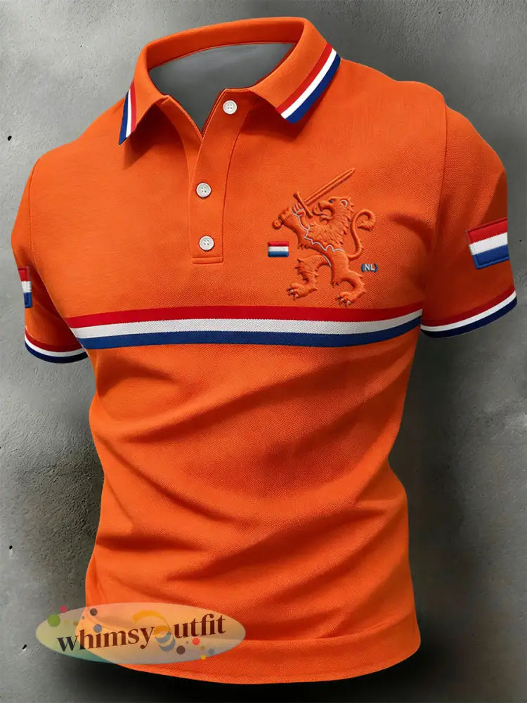 Retro Nederlandse Koningsdag Leeuw Embleem Casual Poloshirt - Sinaasappel / S