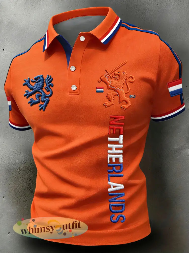 Retro Nederlandse Koningsdag Leeuw Embleem Casual Poloshirt - Sinaasappel / S