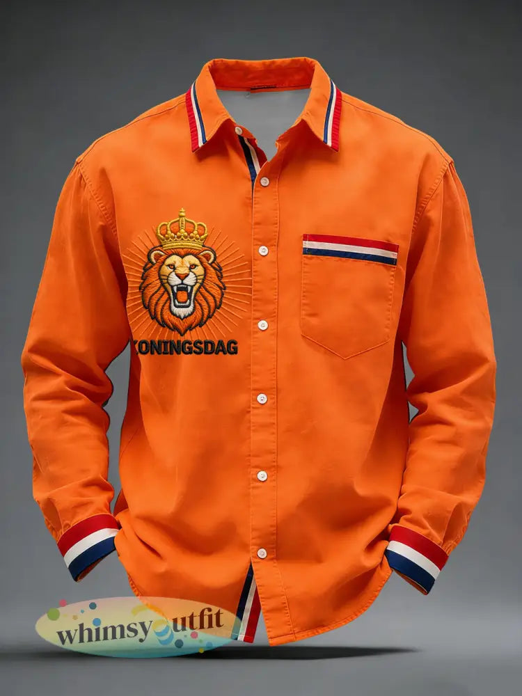Retro Nederlandse Koningsdag Leeuw Embleem Casual Shirt - Sinaasappel / S