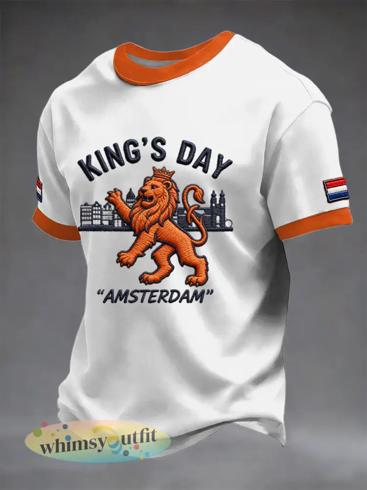 Retro Nederlandse Koningsdag Leeuw Patchwork Casual T-shirt - Wit / S