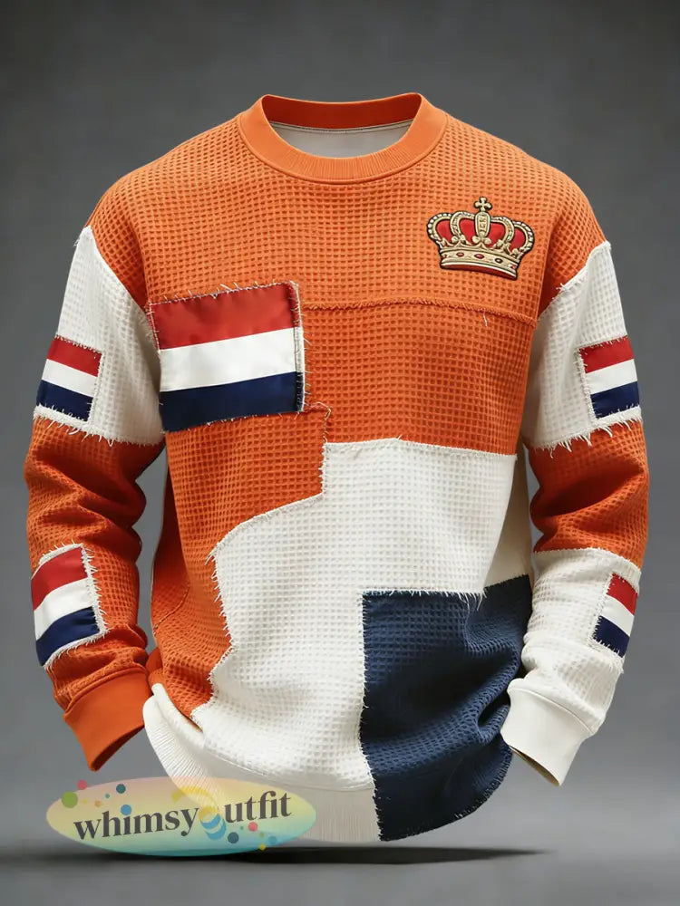 Retro Nederlandse Koningsdag Patchwork Casual Waffle Weave T-shirt - Sinaasappel / S