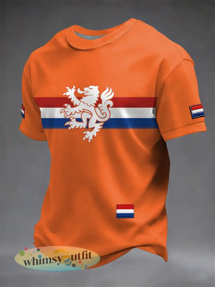 Retro Nederlandse Koningsdag Vlag Badge Kunst Casual T-shirt - Sinaasappel / S