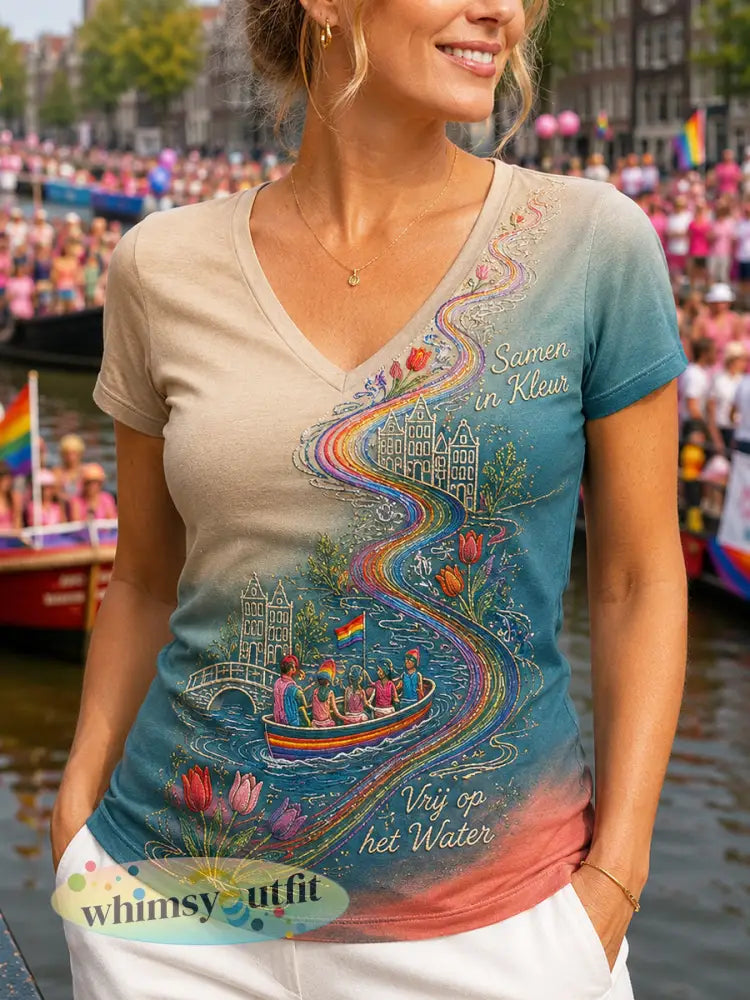 Retro Nederlandse Pride V-hals met gradiënt T-shirt voor dames - als foto / S