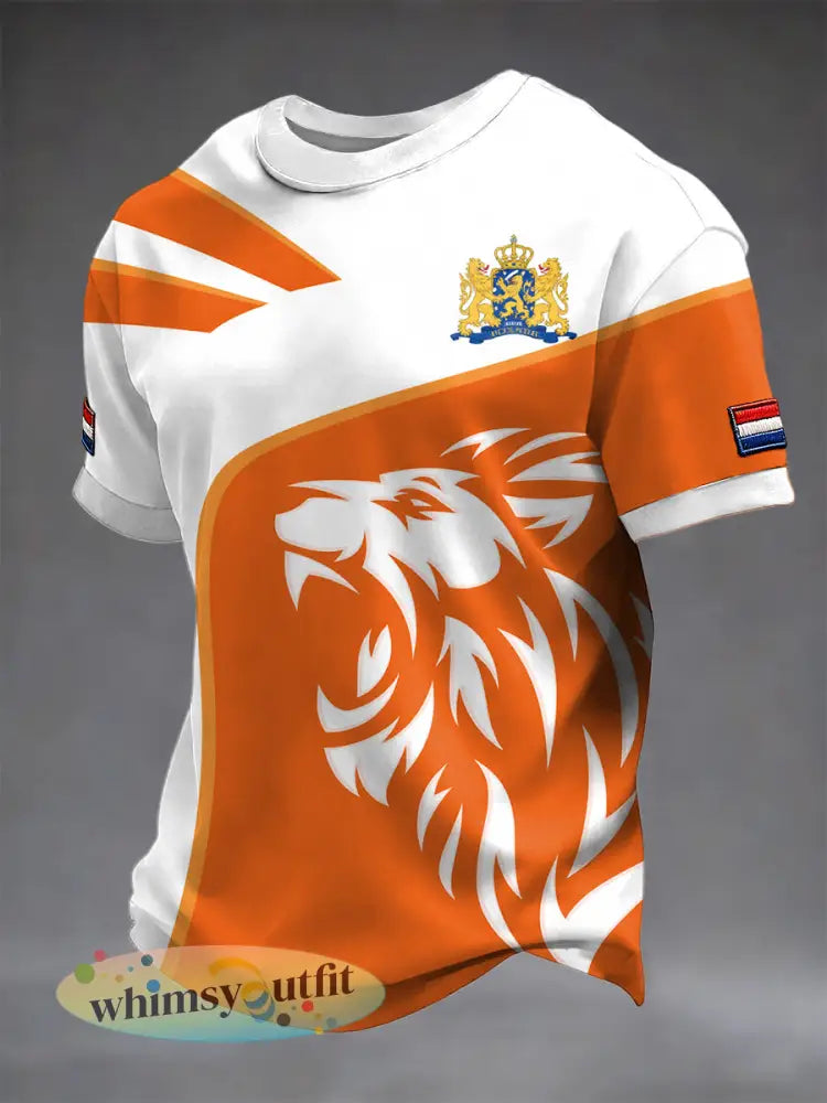 Retro Nederlandse Vlag Leeuw Casual T-shirt - Veelkleurig / S