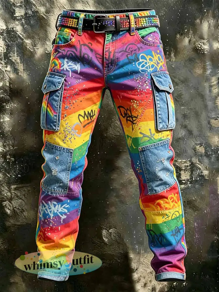 Retro regenboogpatroon voor heren casual werkbroeken - als foto / S