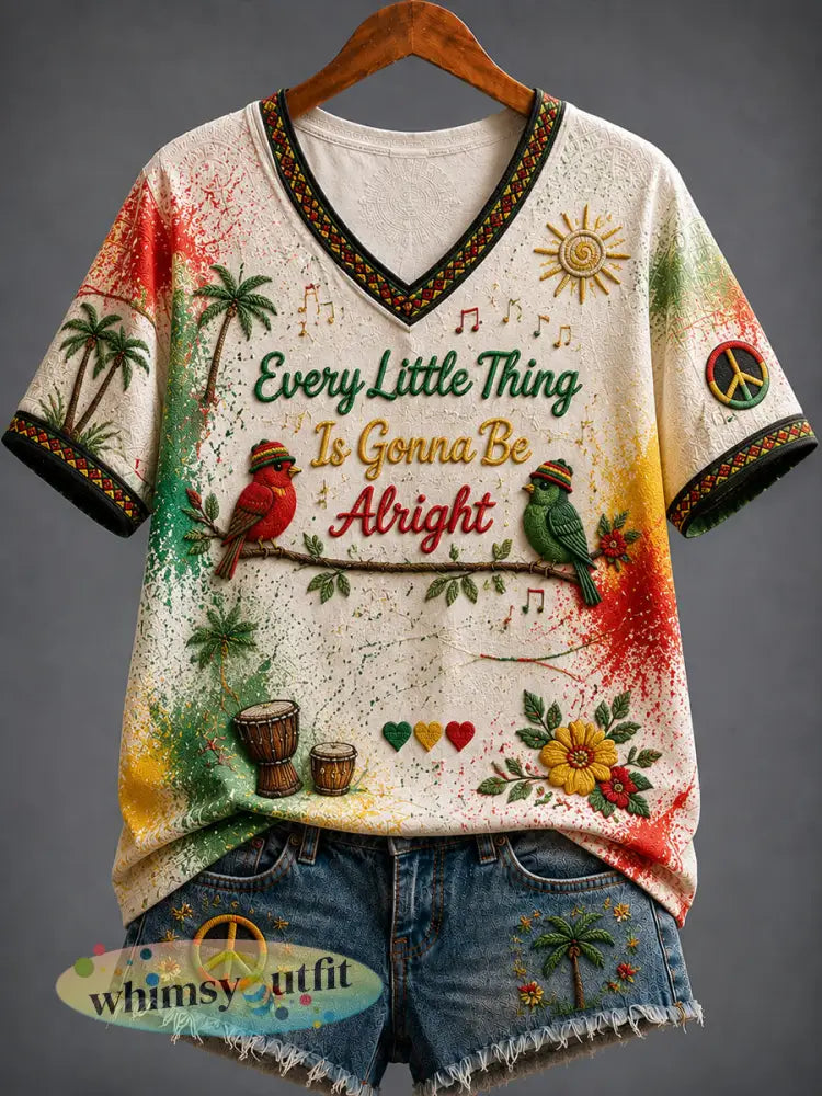 Retro Reggae Art Casual V-hals T-shirt - als foto / S