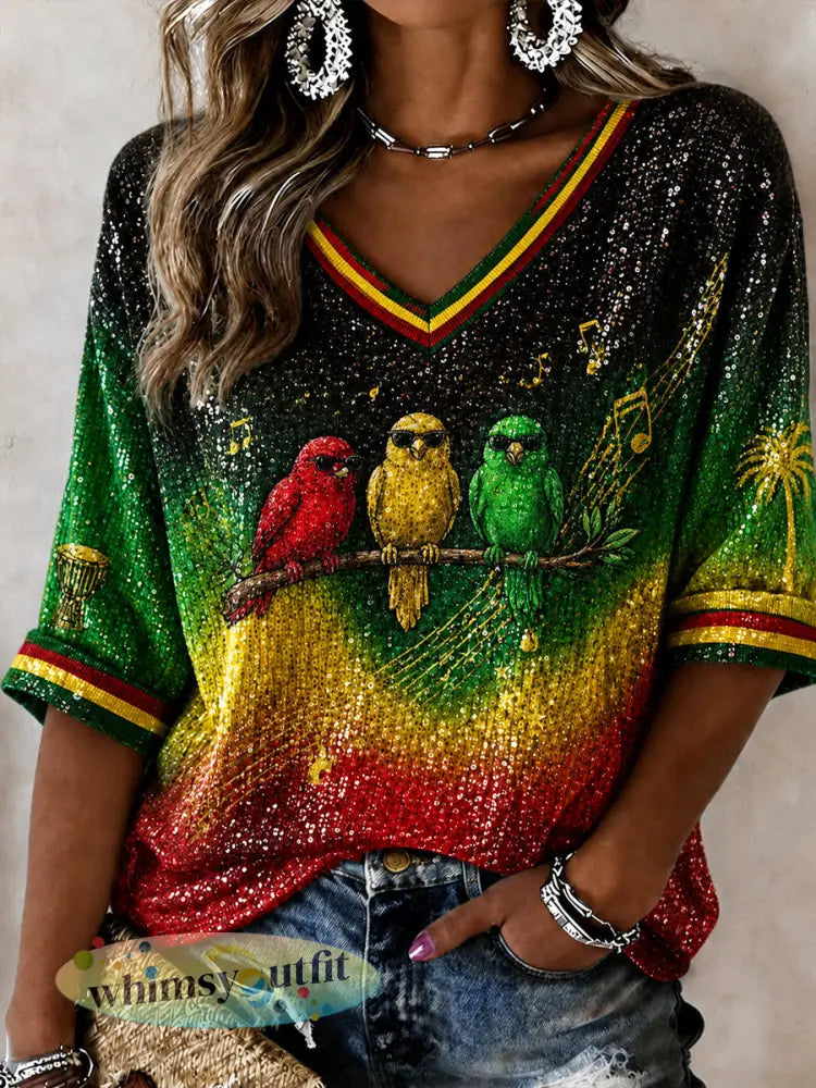 Retro Reggae Art damesgradiënt casual T-shirt met V-hals - als foto / S