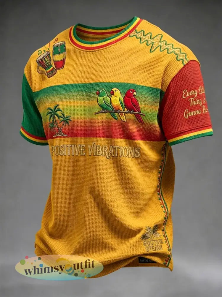 Retro Reggae gradiënt Patchwork Casual Waffle-Weave T-shirt - als foto / S