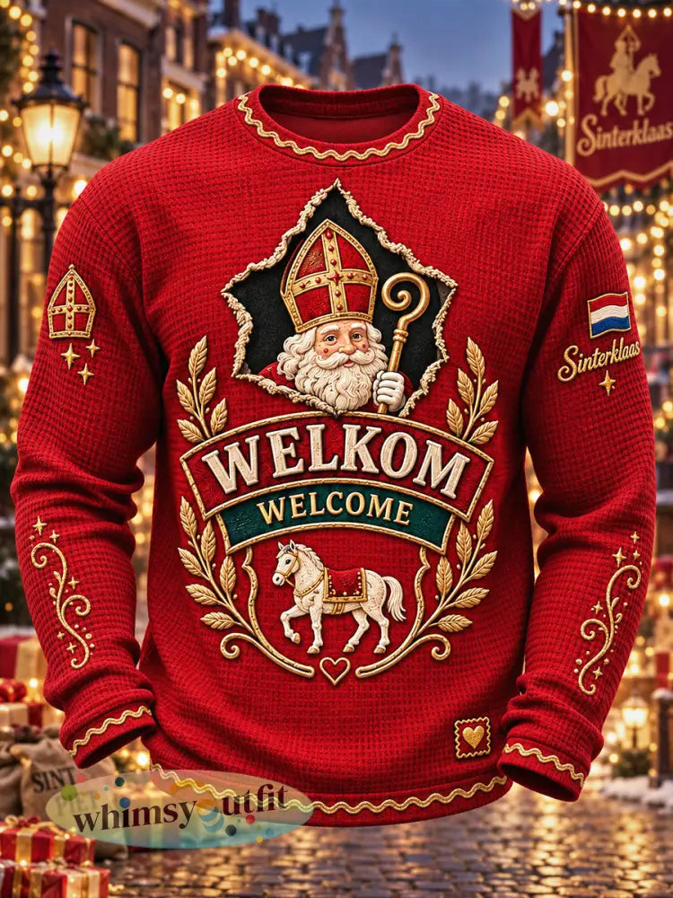 Rood speels t-shirt voor heren met kerstmanprint en lange mouwen casual stijl - Rood / S