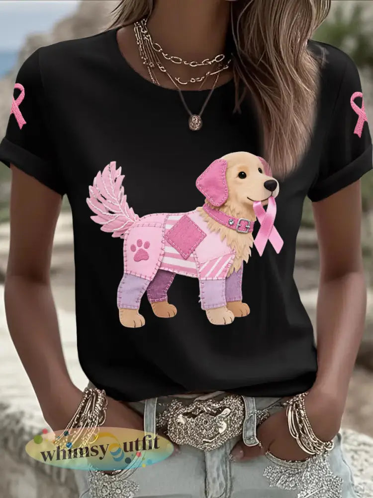 Roze hond roze lint borstkanker voor dames ondersteuning tee - Zwart / S
