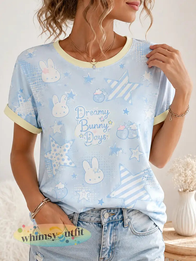 Schattig konijntjesprint t-shirt met korte mouwen voor dames - A / S