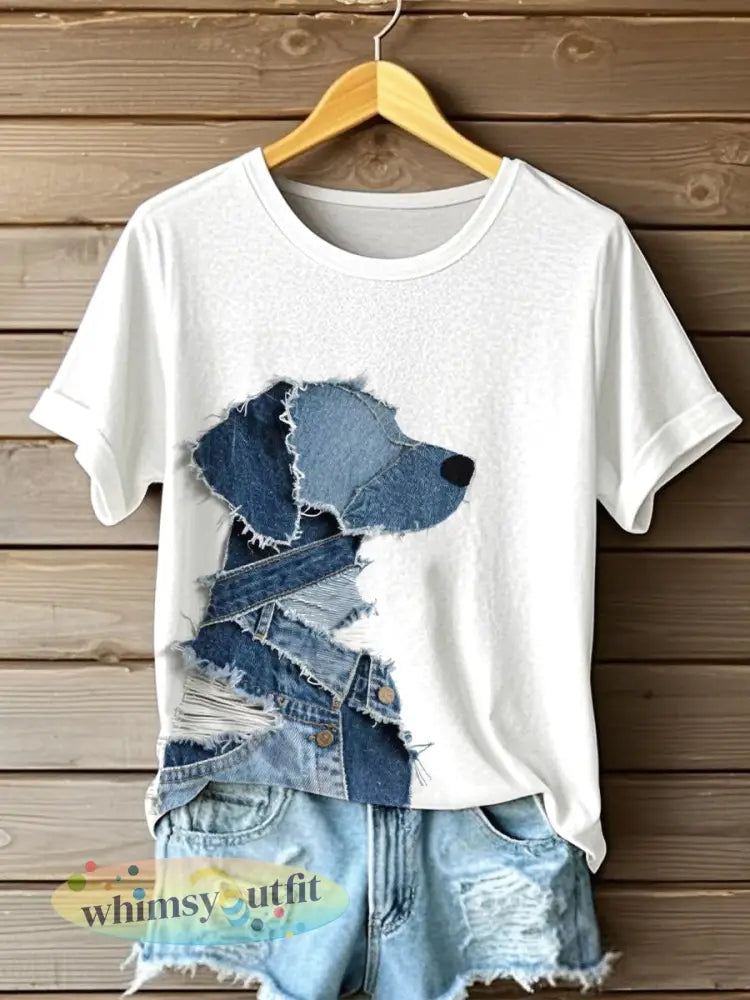 Schattige hond denim patchwork kunst T-shirt voor dames - Wit / S
