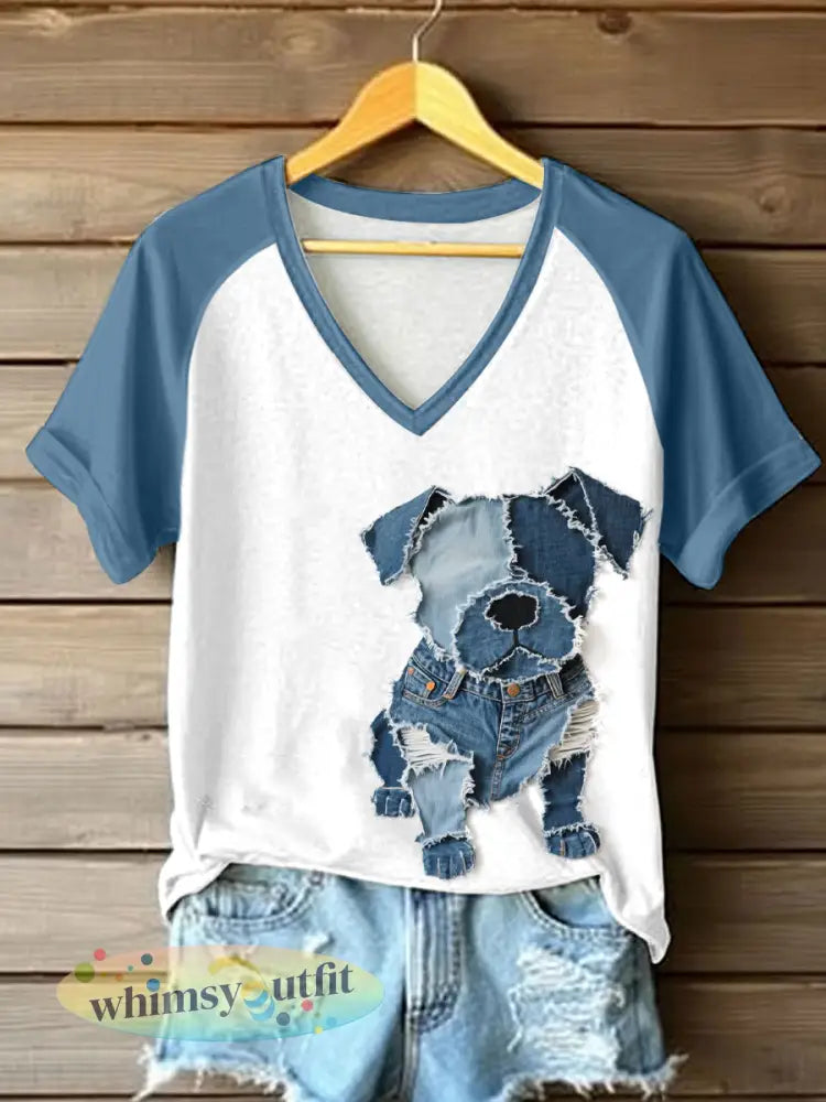 Schattige hond patchwork kunst V-hals T-shirt voor dames - als foto / S