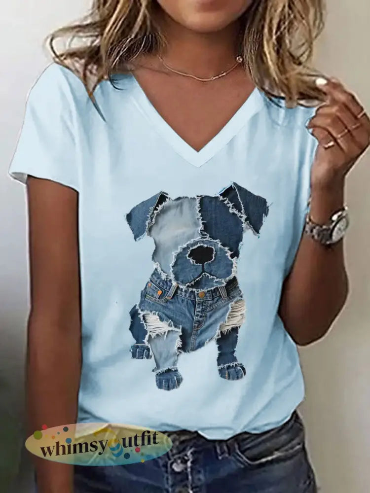 Schattige hond patroon patchwork kunst v-hals T-shirt voor dames - Hemelsblauw / S