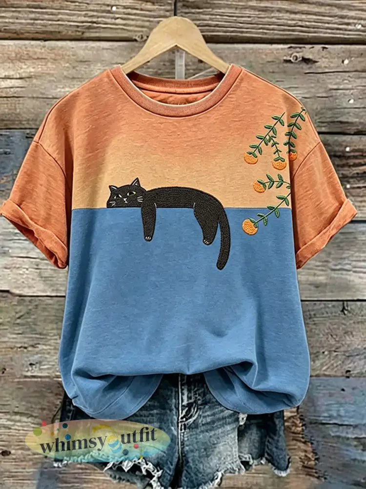 Schattige kat kunst casual T-shirt met korte mouwen voor dames - als foto / S