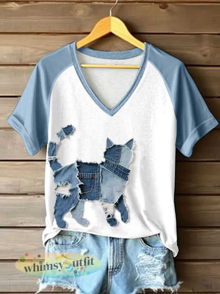 Schattige kat patchwork kunst V-hals T-shirt voor dames - als foto / S