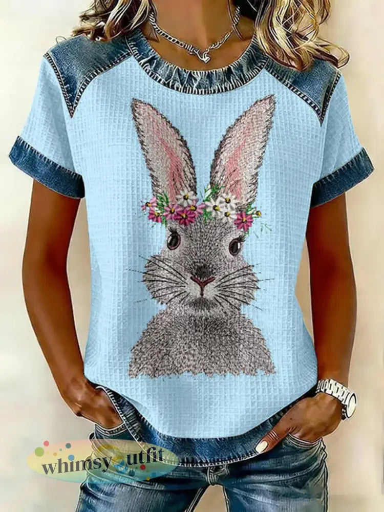 Schattige konijn print casual T-shirt voor dames - Blauw / S