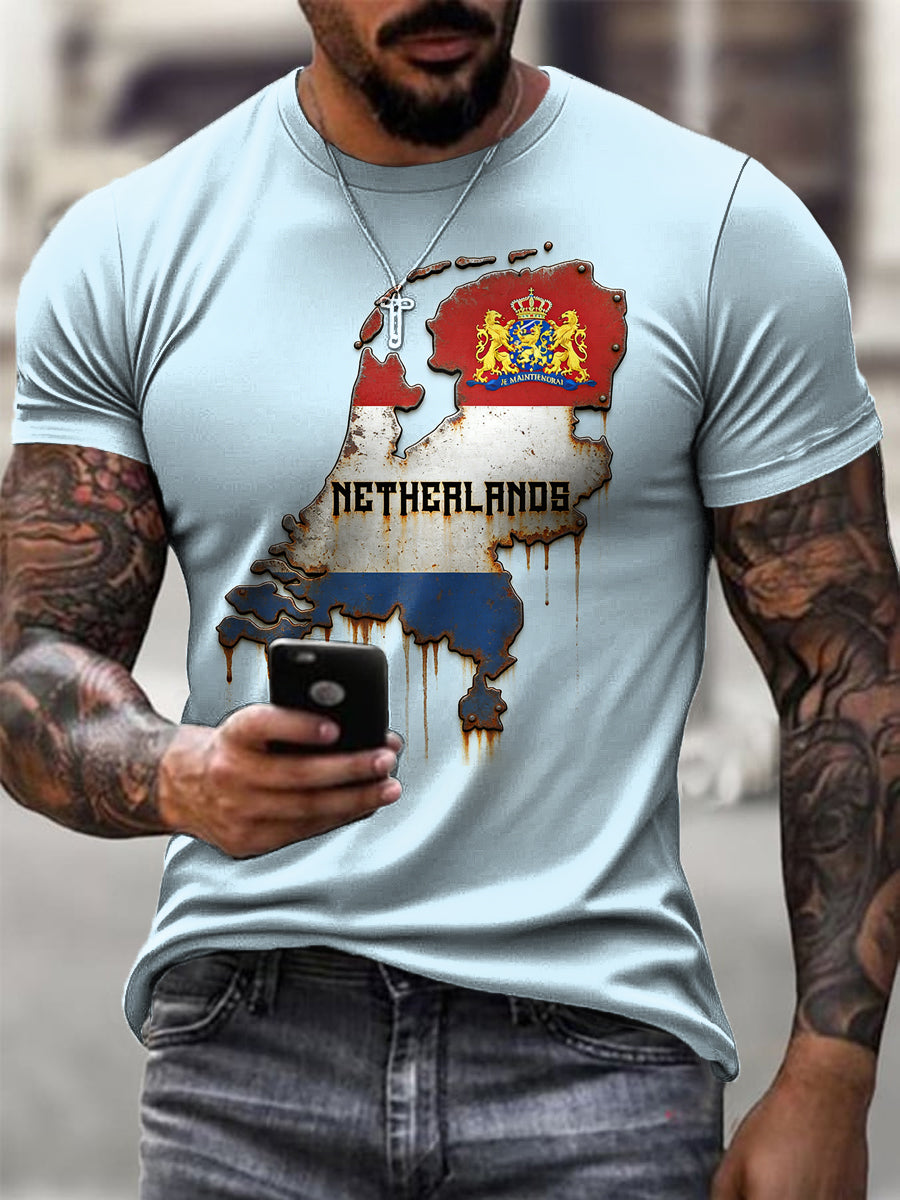 Heren Nederlandse Vlag Print Blauw T-shirt