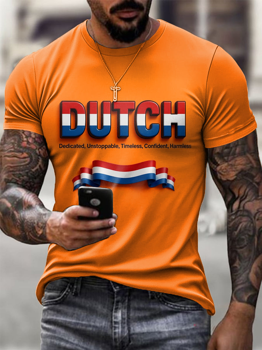 Heren T-shirt met oranje print en tekstontwerp met Nederlandse vlag