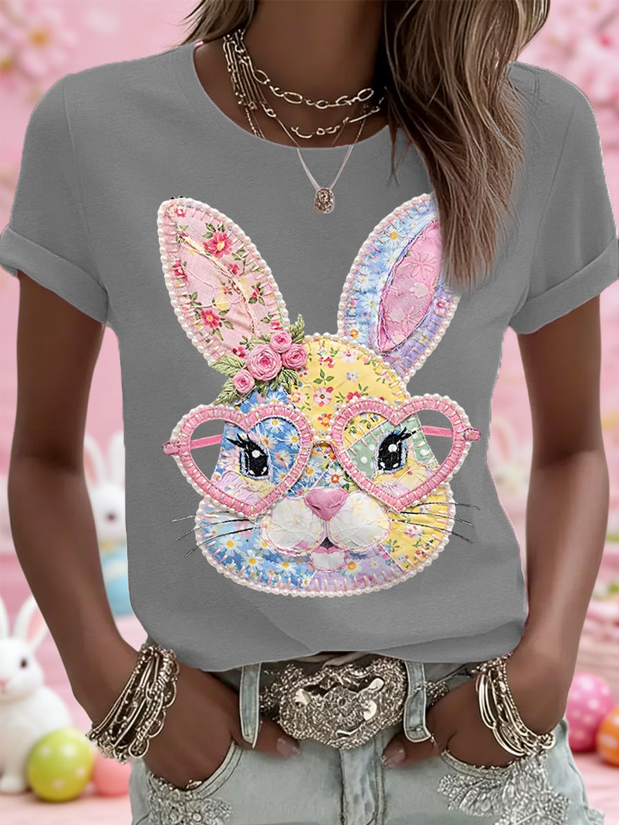 Dames Pasen Floral Bunny Patchwork Print Casual T-shirt