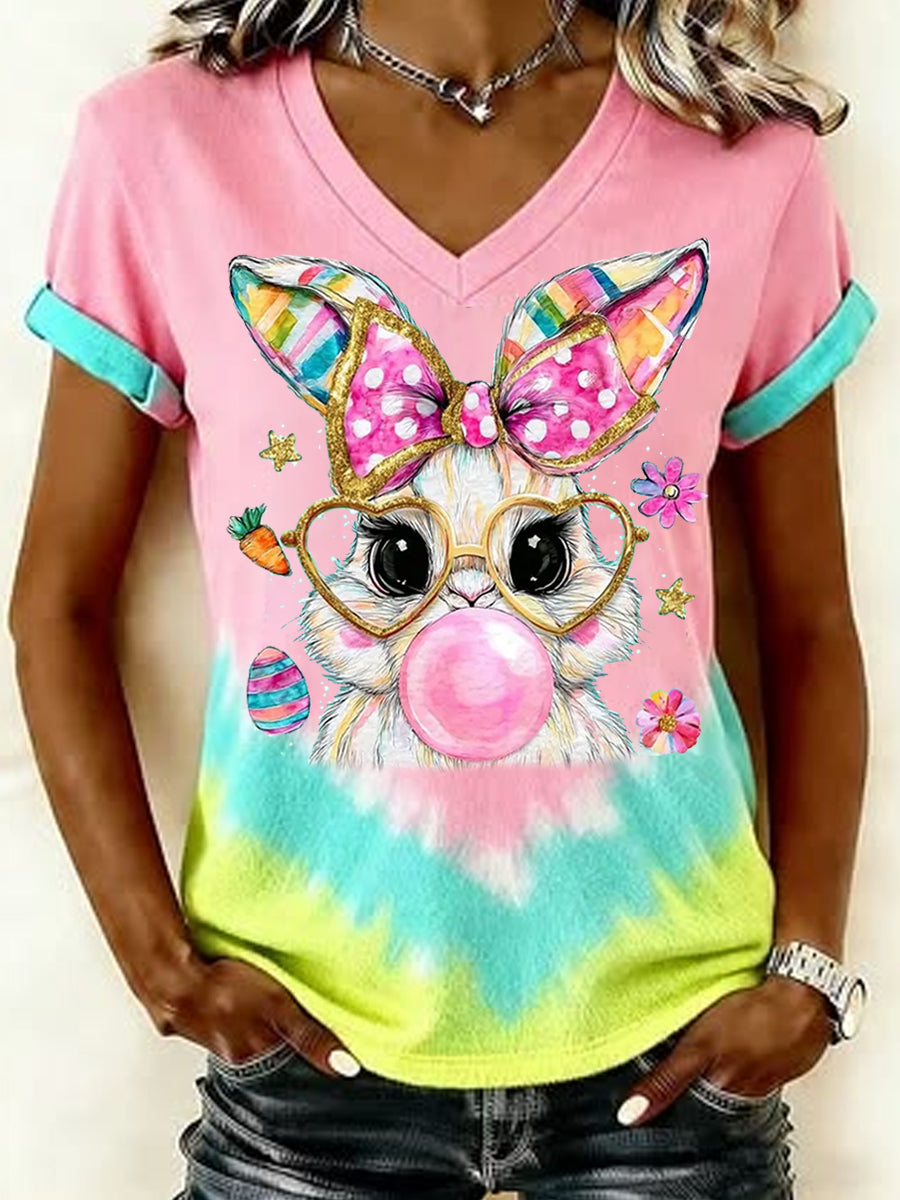 Dames Pasen Schattige Bunny Print Casual V-hals T-shirt