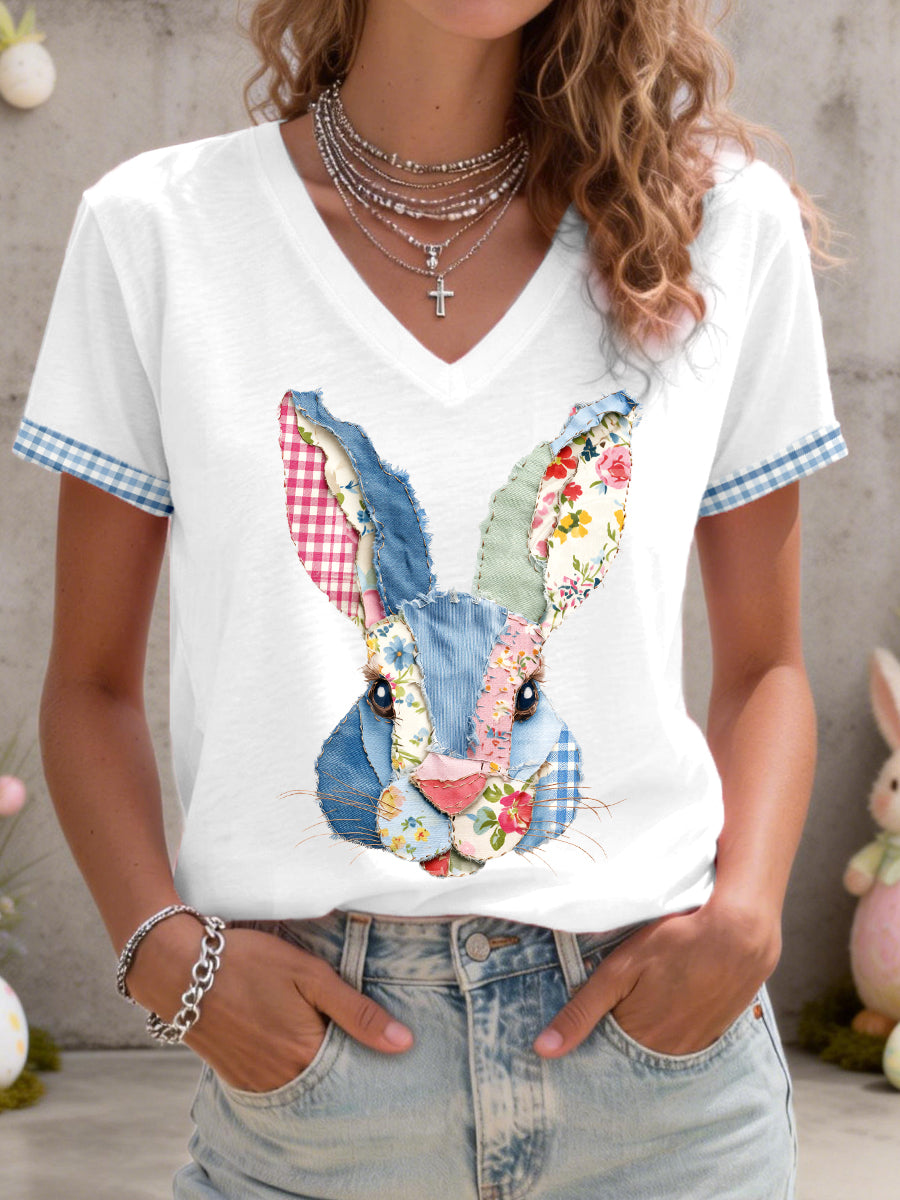 Dames schattig konijn patchwork-patroon t-shirt met v-hals