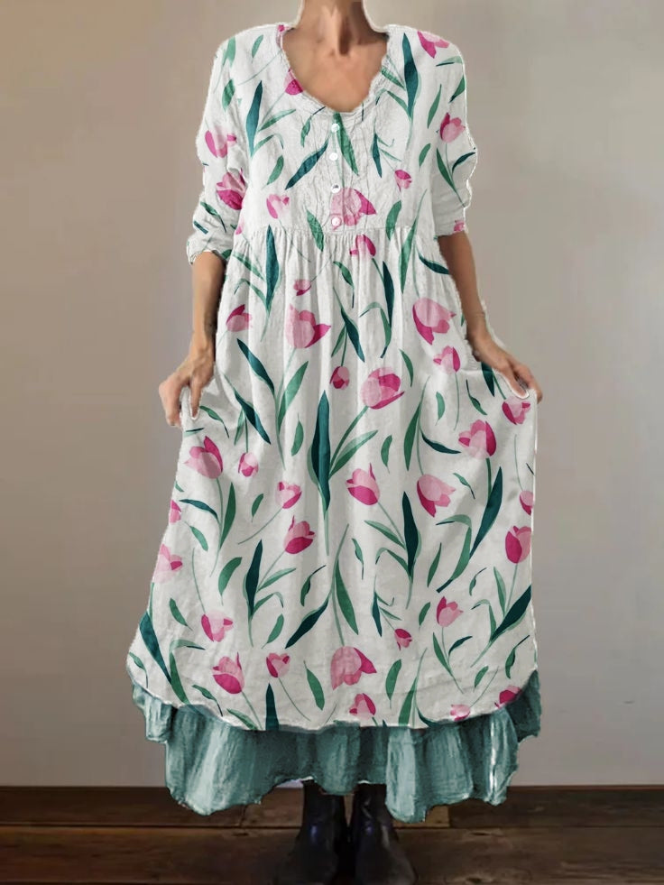 Dames tulpenplant bloem dubbelgelaagde lange jurk