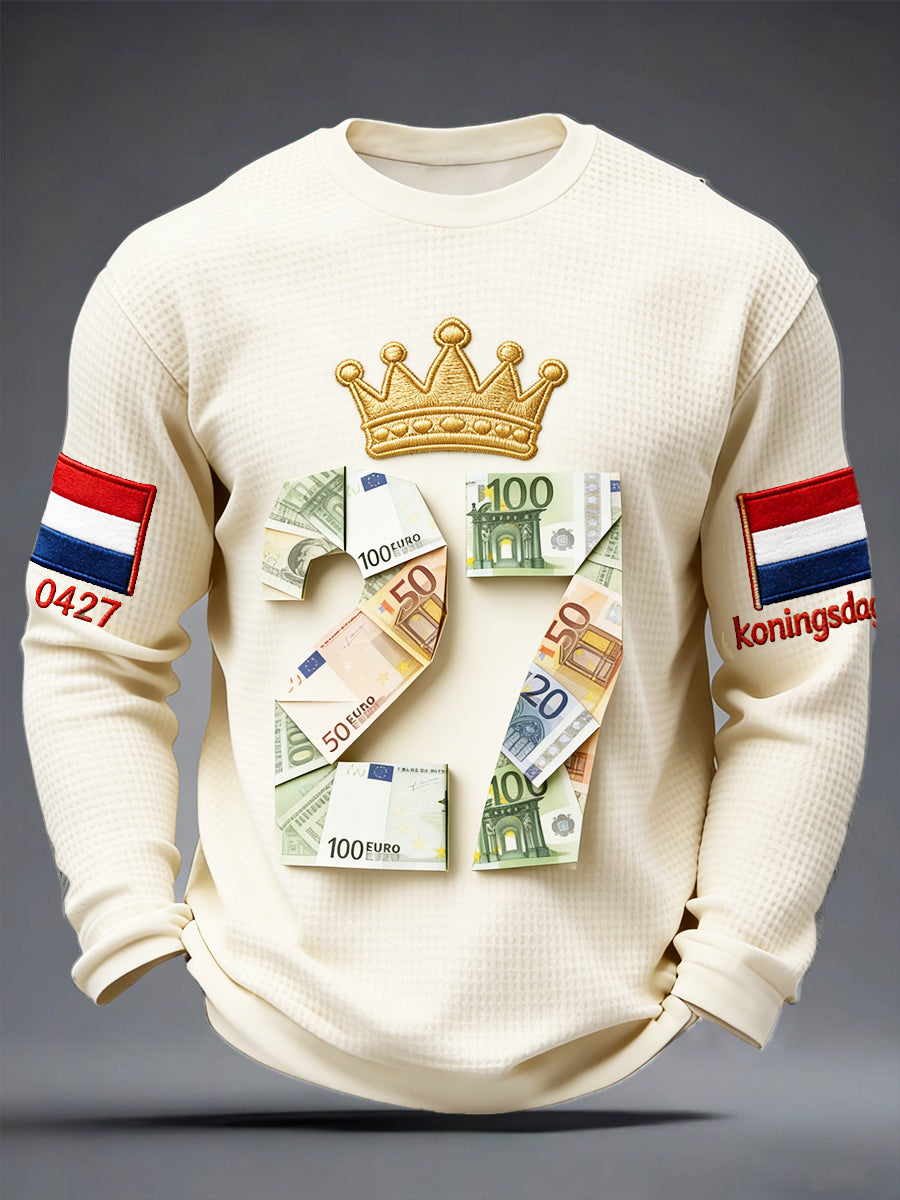 Men's Dutch King's Day 27 Creative Print Casual Waffle Weave Long-Sleeved T-Shirt