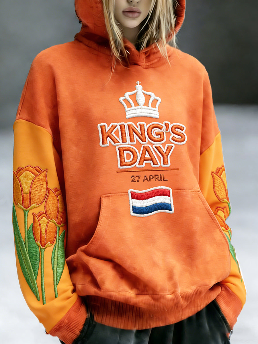 Dames Nederlandse Koningsdag Bloemen Patchwork Print Mode Sweatshirt met capuchon