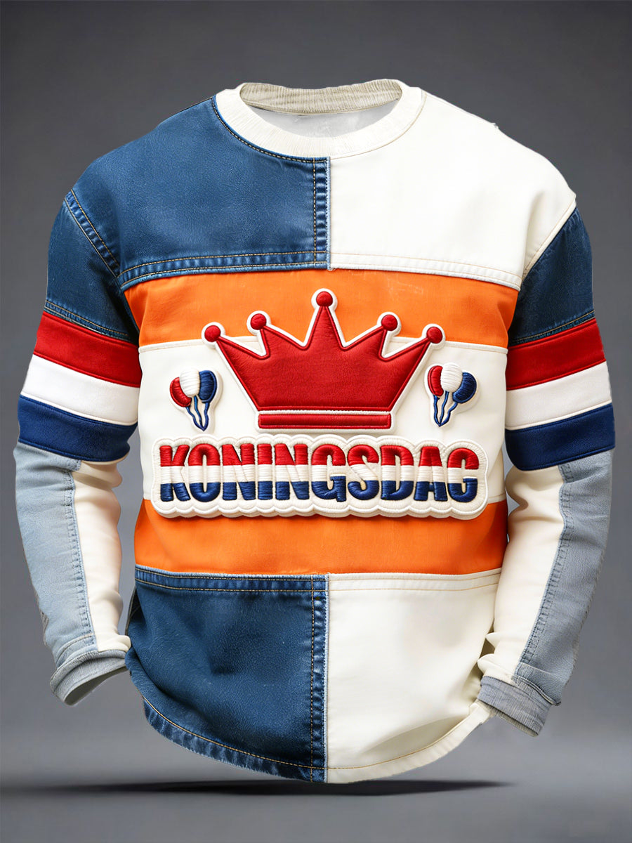 Nederlandse Koningsdag denim patchwork print T-shirt met lange mouwen