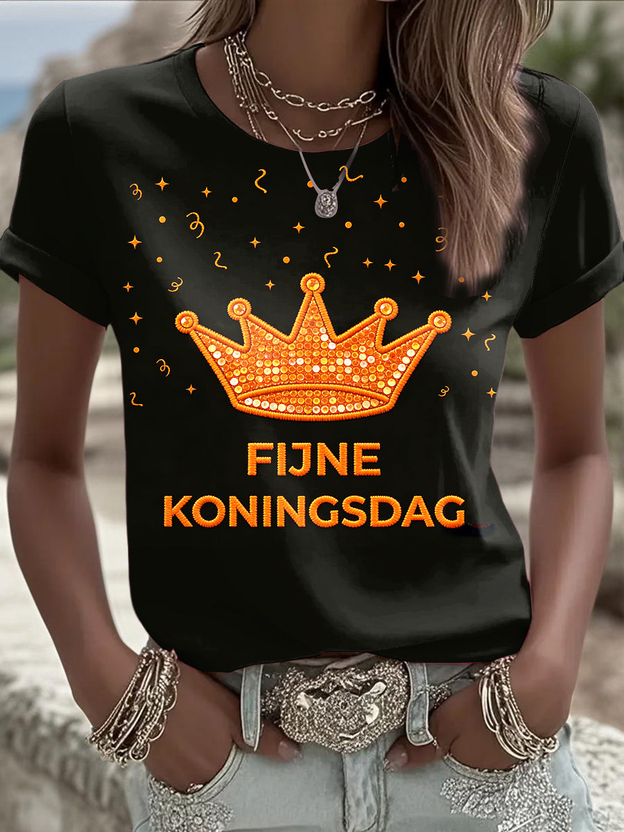 Dames Zwarte Nederlandse Koningsdag Reeks print Casua T-shirt