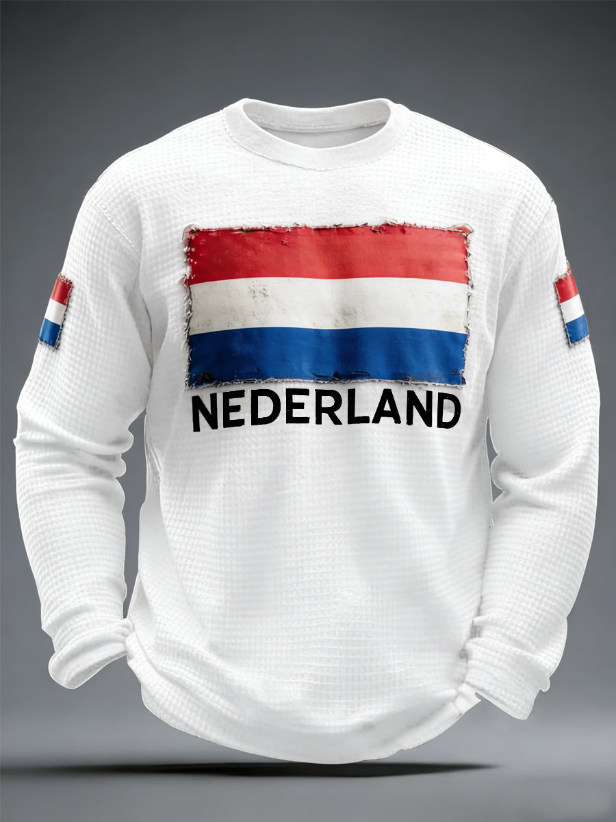 Heren Nederland Vlag Print Casual Wafel Lange Mouw T-shirt