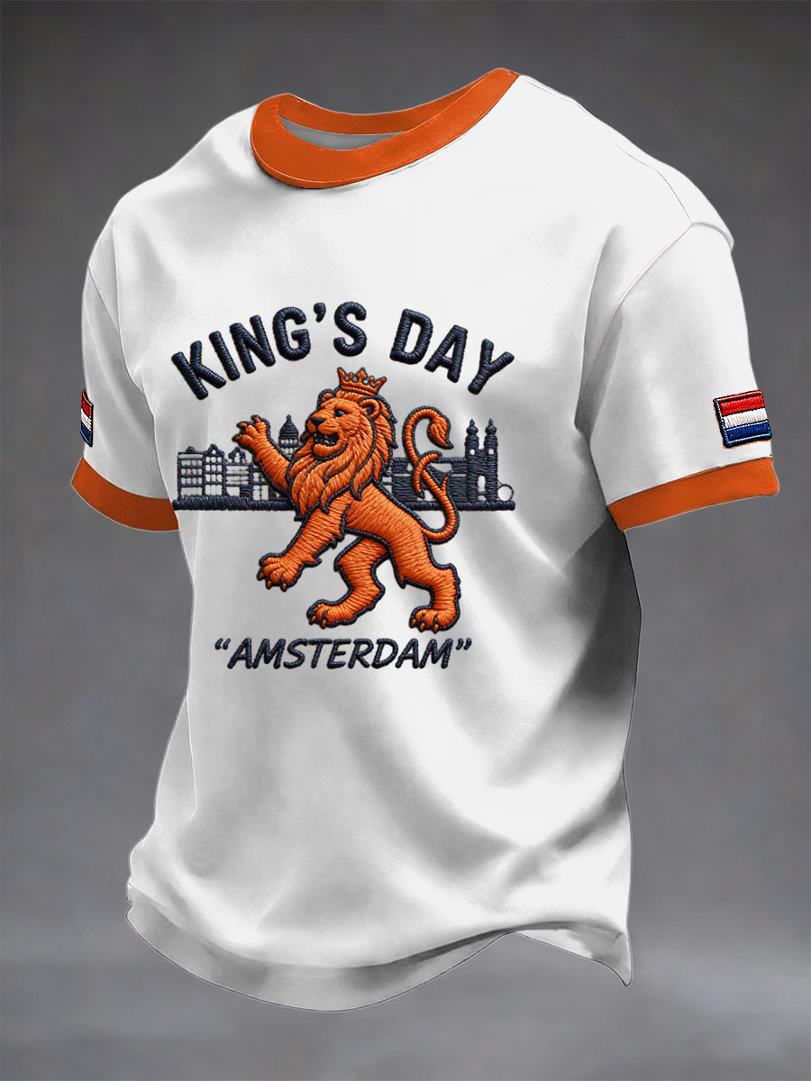 Retro Nederlandse Koningsdag Leeuw Patchwork Casual T-shirt