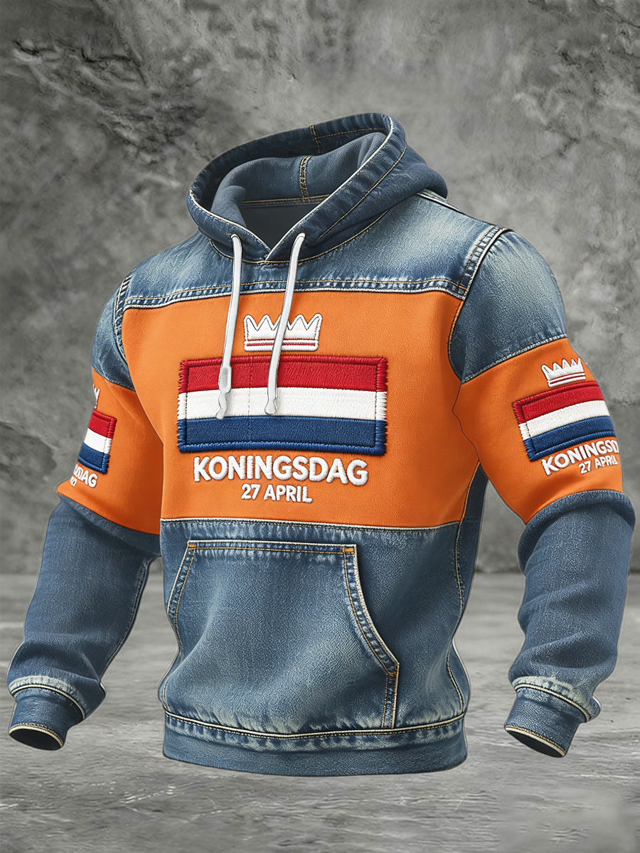Nederlandse koningsdag denim patchwork print casual sweatshirt met capuchon