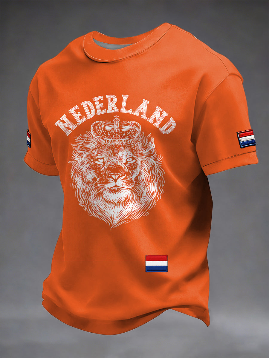 Retro Nederlandse Koningsdag Leeuw Emblem Kunst Casual T-shirt