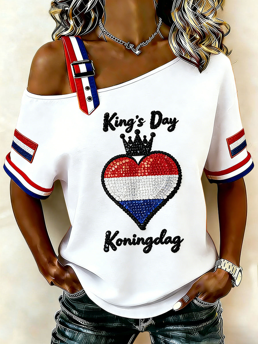 Dames Vintage Nederlandse Koningsdag hart-Patroon Vlag Casual T-shirt