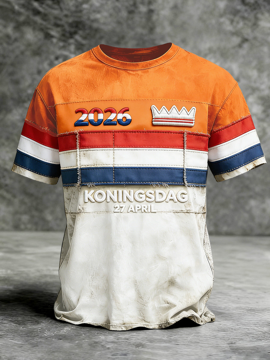 Heren Nederlands Koningsdag patchworkprint casual T-shirt