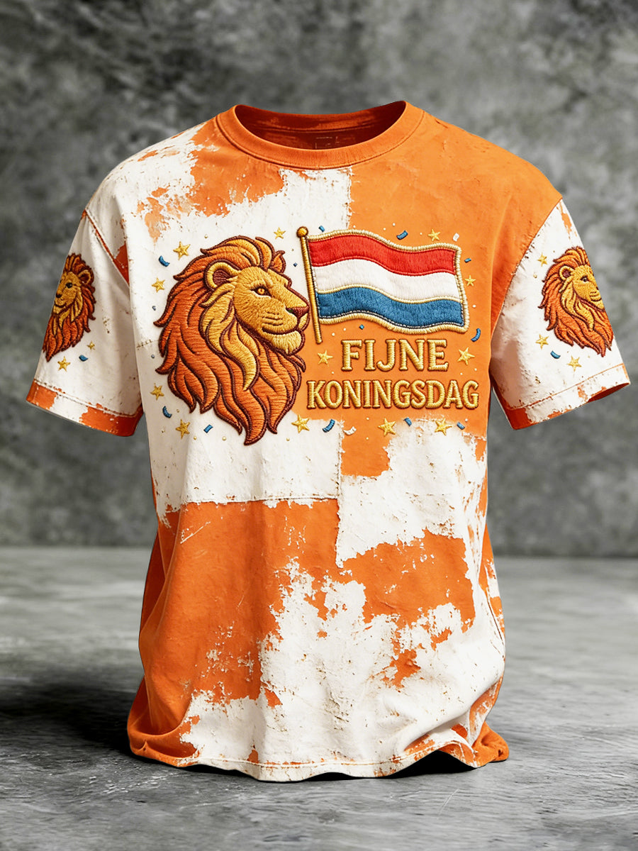 Heren Nederlandse Koningsdag Leeuw Geborduurd Vintage Print Casual T-shirt