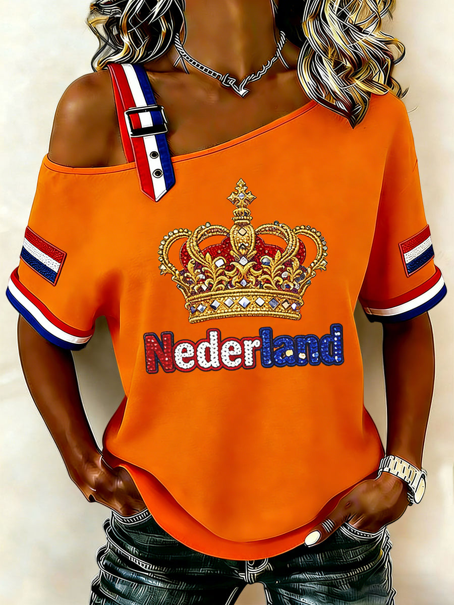 Dames Vintage Nederlandse Koningsdag Crown Art Casual off-shoulder T-shirt