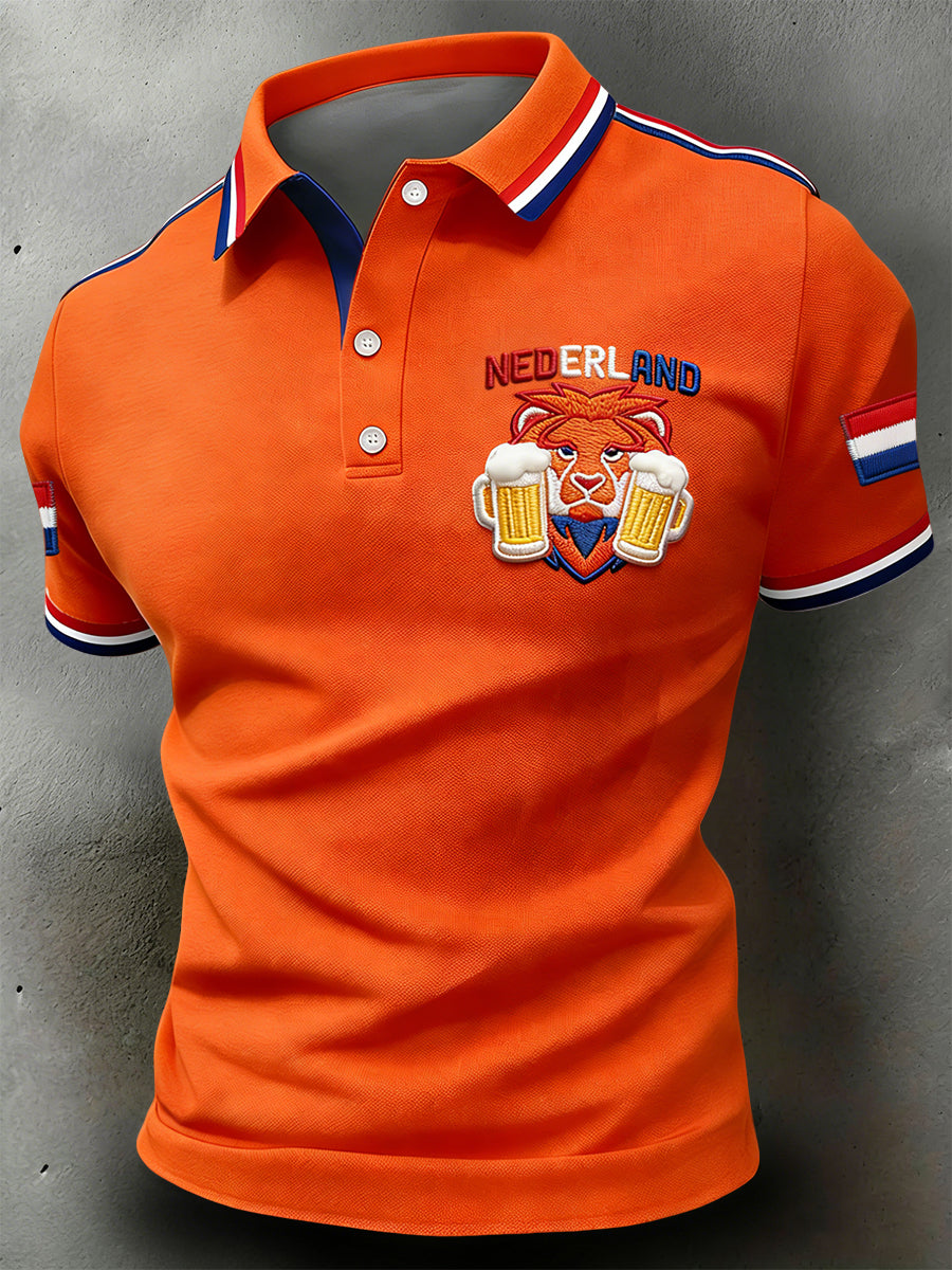 Retro Nederlandse Koningsdag Leeuw Bier Casual Poloshirt