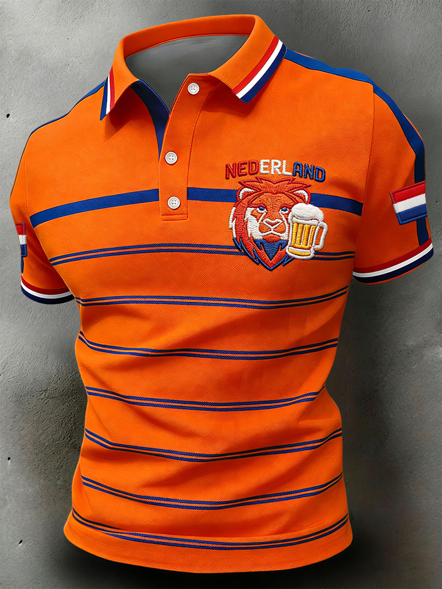 Retro Nederlandse koningsdag leeuw bier gestreept casual poloshirt
